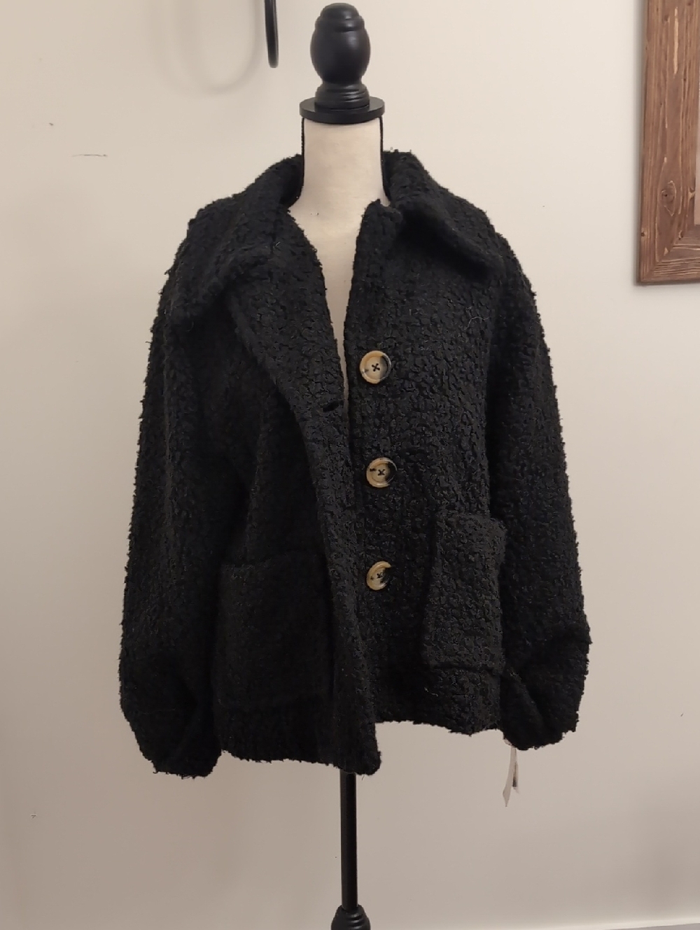 Free People Black Teddy Bouclé Button Jacket